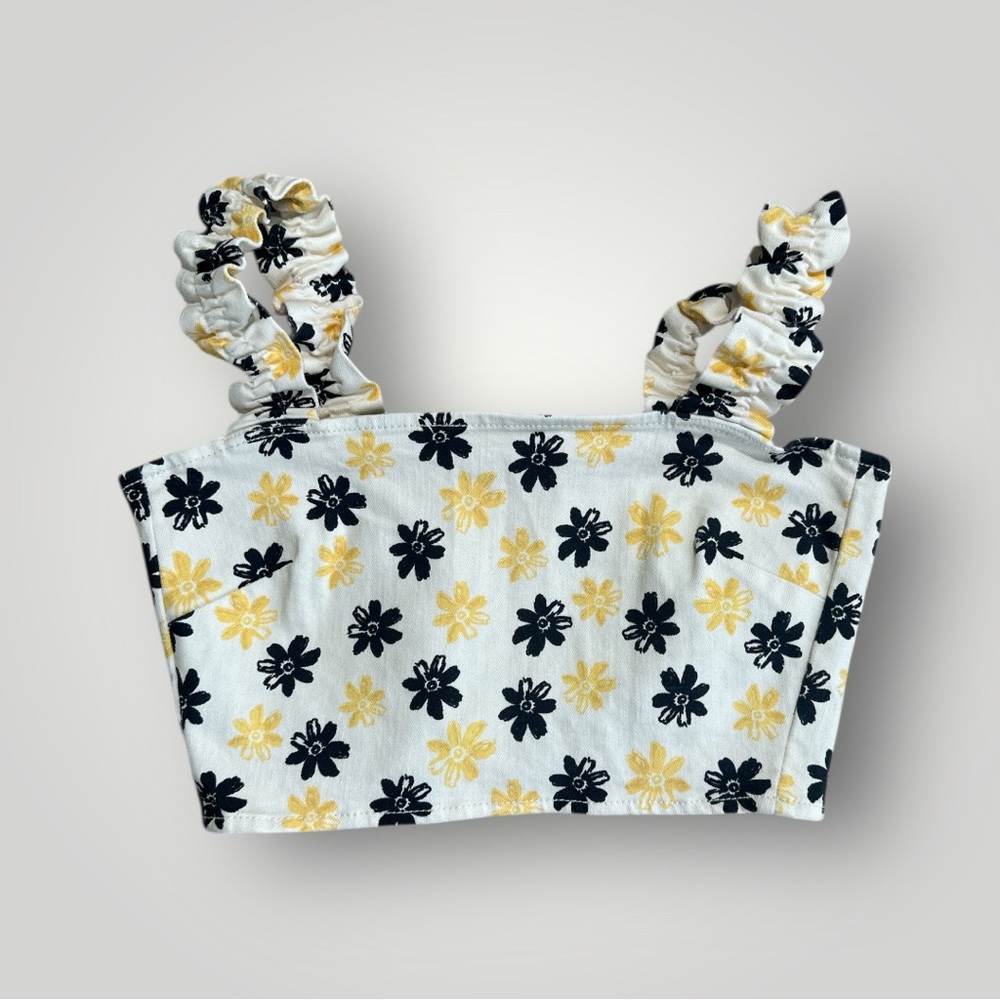 Zara Floral Smocked Crop Top Women's Large Yellow Black NWT Ruffle Strap